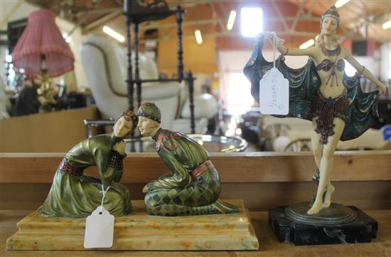 Pair of metal female figures on marble base